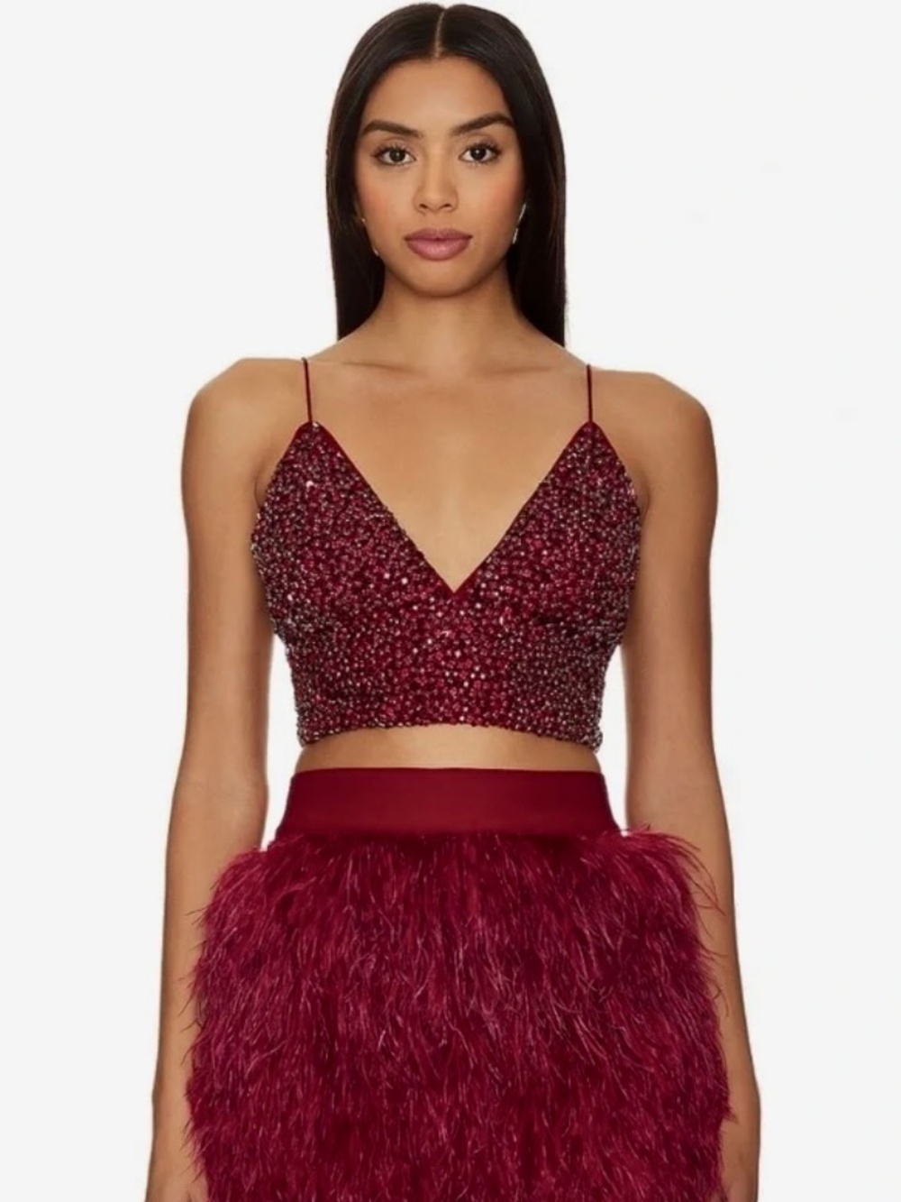 Alice + Olivia Bordeaux Carli Crystal Embellished Crop Top With Smocked Back NWT